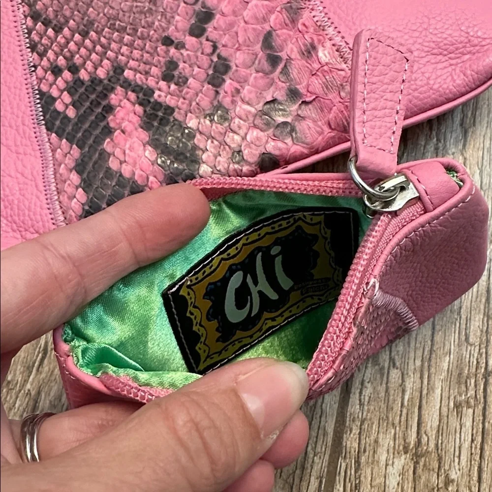 Chi by Falchi Leather pink snakeskin zipper pouch set